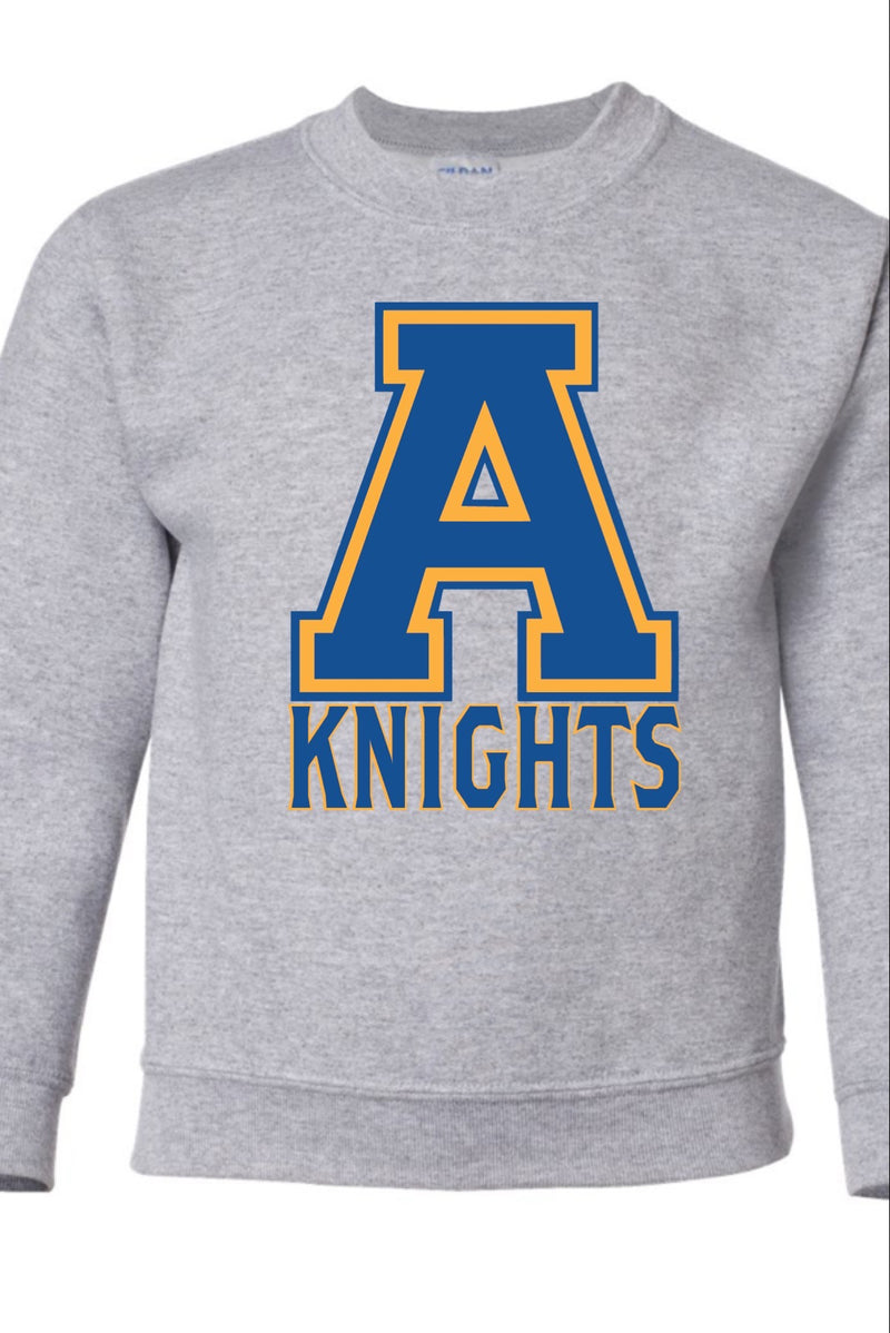 Gray Crewneck Sweatshirt with Block A Logo outlined in gold