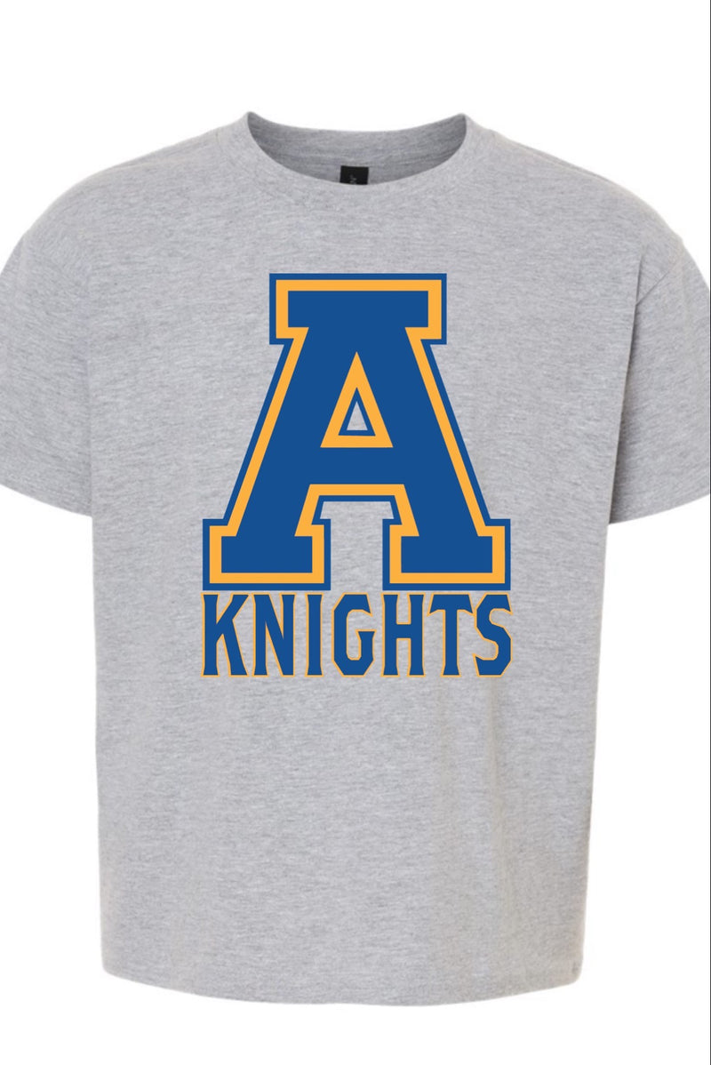 Gray Short Sleeve T-Shirt with Block A Logo outlined in gold